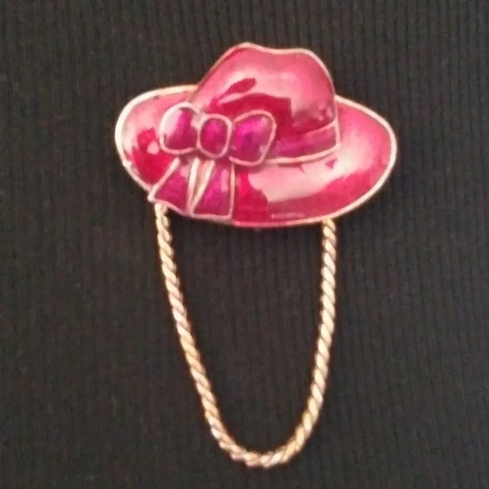 Red hat enamel pin brooch chained Red Hat society red gold purple beautiful